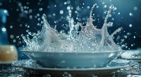 Water droplets scatter as they hit two stacked dishes, creating a captivating splash. The soft lighting enhances the shimmering details against a blurred background.の素材