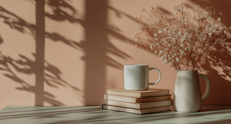 Warm sunlight casts gentle shadows on a soothing arrangement of a coffee mug, a vase with flowers, and stacked books, creating a tranquil atmosphere.の素材