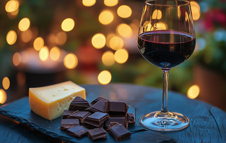 A glass of red wine rests beside a plate of dark chocolate and a slice of cheese on a slate surface. Soft lights create a warm atmosphere during an evening get-together.の素材