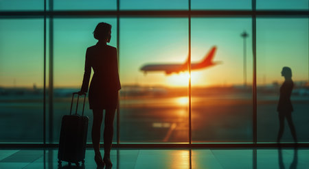 Two travelers stand by large airport windows, watching a plane take off against a vibrant sunset. Luggage is nearby, highlighting the journey and anticipation of travel.の素材