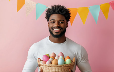 A man in a light blue shirt stands against a pink background, smiling while holding a wicker basket filled with beautifully decorated Easter eggs and vibrant festive decor.の素材