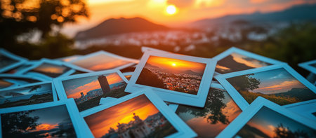 A vibrant assortment of photographs lies scattered on a stone surface as the sun sets, casting golden hues over the city skyline in the background, creating a nostalgic atmosphere.の素材