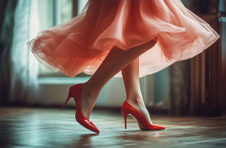 A pair of striking red high heels steps gracefully along a cobblestone street while a soft pink skirt sways in the breeze. The scene captures the essence of style and sophistication.の素材