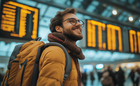 A man with a backpack looks up with a smile at the departure board in a bustling airport terminal filled with various travelers at midday.の素材