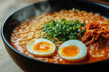 Steaming bowl of ramen features soft boiled eggs, green onions, and kimchi. Enjoyed in a cozy restaurant during a casual dining experience.の素材