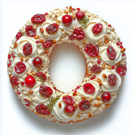A circular dessert topped with whipped cream, nuts, and dried berries showcases an inviting and flavorful appearance, perfect for celebrations or gatherings.の素材