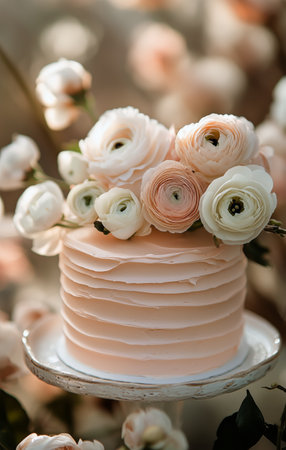 A stunning cake adorned with pink frosting and a variety of fresh flowers is placed on a decorative stand surrounded by vibrant blooms, creating a delightful centerpiece for any occasion.の素材