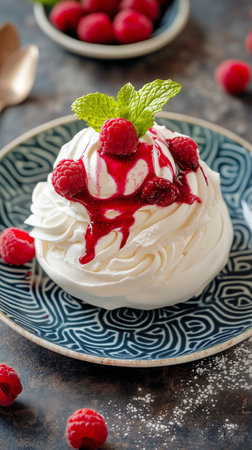Delicious raspberry dessert features fluffy whipped cream topped with fresh raspberries and fruit sauce, elegantly presented on a decorative blue and white plate with mint leaves.の素材