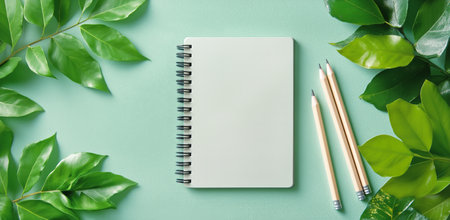 Blank notebook sits in the center of a mint green surface, surrounded by lush green leaves and wooden pencils. A calm and creative workspace invites inspiration.の素材