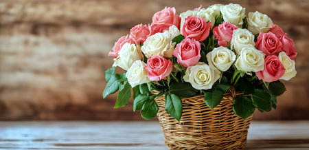 A display of white and pink roses arranged in a woven basket sits on a wooden surface, set against a textured, rustic background that highlights their natural beauty.の素材