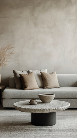 A stylish living area showcases a light gray sofa adorned with beige cushions. A round stone coffee table sits at the center, enhancing the minimalist aesthetic.の素材