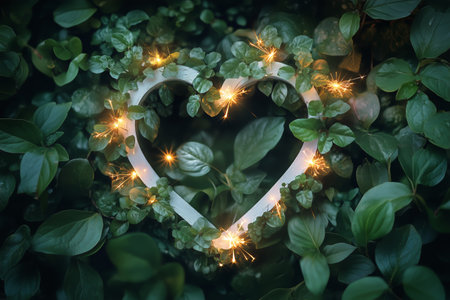 A heart shaped light frame glows softly amidst vibrant green foliage in a tranquil indoor garden. The plants create a relaxing ambiance, perfect for romantic moments.の素材
