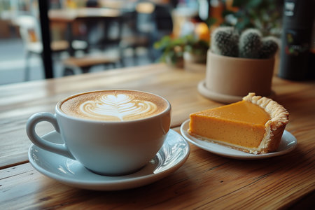 A warm cup of coffee sits next to a slice of pumpkin pie on a wooden table in a cafe, capturing the essence of autumn with a cozy atmosphere and inviting aroma.の素材