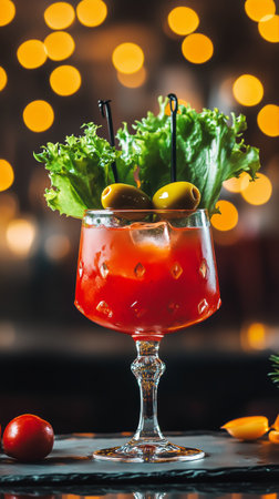 A colorful cocktail garnished with fresh lettuce and olives sits on a bar counter. The background features soft, warm lights creating a festive atmosphere for evening relaxation.の素材