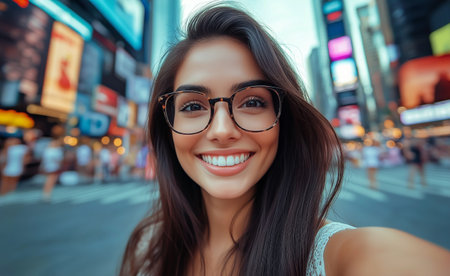 A woman with long hair and glasses smiles brightly while taking a selfie in Times Square, surrounded by bright lights and a lively crowd on a warm summer day.の素材