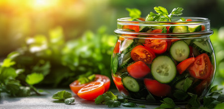 Vibrant salad mix in a glass jar featuring ripe cherry tomatoes and sliced cucumbers, set against a backdrop of fresh green herbs in warm sunlight.の素材