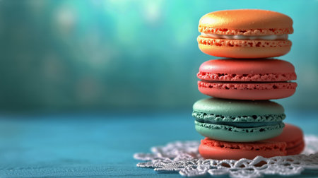 A stack of colorful macarons sits on a delicate lace doily, with additional macarons blurred in the background, creating a soft and inviting atmosphere.の素材