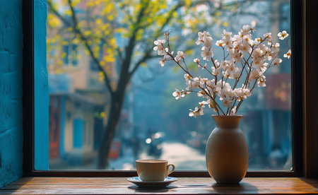 A vase of white blossoms sits by a window, complementing a cup of coffee on a saucer. Sunlight filters through, illuminating a peaceful view of trees outside.の素材