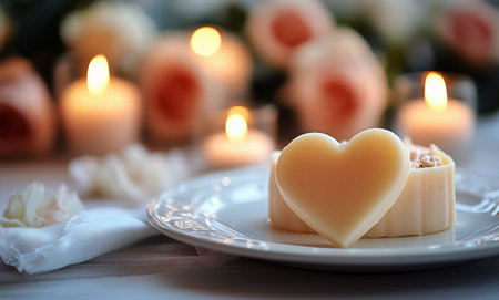 A beautifully arranged plate showcases a heart-shaped dessert next to a delicate cake. Soft candlelight casts warmth while roses create a romantic atmosphere for celebration.の素材