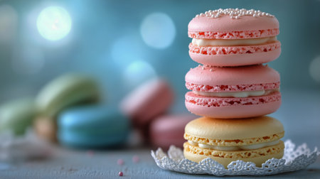 A stack of colorful macarons sits on a delicate lace doily, with additional macarons blurred in the background, creating a soft and inviting atmosphere.の素材