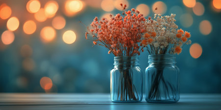 Dried flowers are arranged in glass jars, set against a backdrop of soft, warm bokeh lights, creating a soothing and inviting atmosphere during the evening hours.の素材