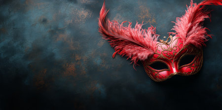 A striking red masquerade mask featuring intricate designs and feathers rests against a dark textured background. The mask captures the essence of elegance and mystery.の素材