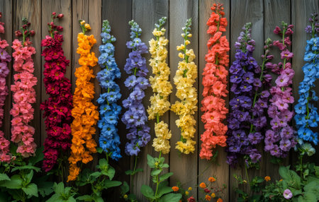 Vibrant flowers in shades of pink, blue, and orange thrive in front of a weathered wooden fence under bright sunlight, creating a cheerful garden atmosphere.の素材