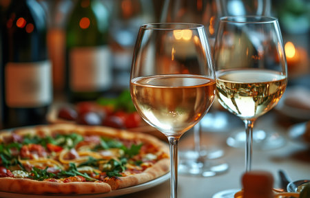 Two glasses of rose and white wine are placed next to various delectable food, including pizza and fresh greens, set in an inviting dining environment.の素材