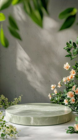 A round green marble slab rests on a light surface, surrounded by delicate flowers and greenery. Soft daylight filters through leaves, creating a peaceful atmosphere in the space.の素材
