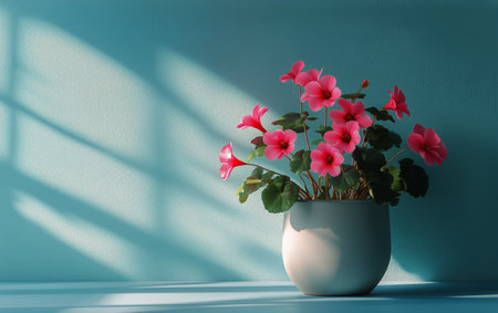A white pot filled with vibrant pink flowers sits on a surface near a blue wall. Soft shadows from nearby objects create a gentle pattern on the surface in daylight.の素材
