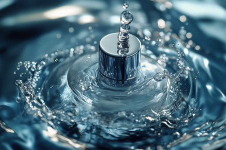 A clear glass perfume bottle is positioned in calm water, creating gentle ripples. The stillness reflects elegant details of the bottle while enhancing the serene atmosphere.の素材