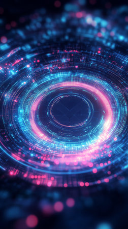 Colorful circular light patterns and flowing lines form an intricate abstract design, showing vibrant hues against a dark background.の素材