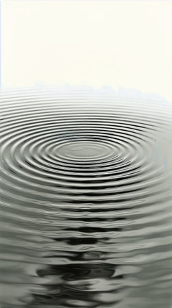 A water droplet falls into a calm body of water, creating concentric ripples that radiate outward, reflecting tranquility and stillness in a quiet setting.の素材