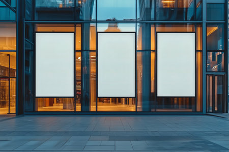A contemporary storefront features three large, blank displays illuminated by warm light. The setting is at dusk, showcasing a vibrant city atmosphere.の素材