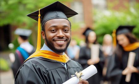 A proud graduate smiles while holding a diploma on graduation day.の素材