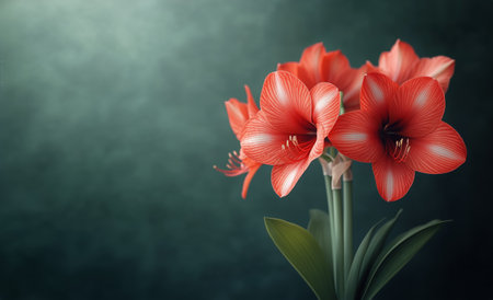 Three striking red amaryllis flowers bloom gracefully, their vibrant petals contrasting beautifully with a soft, blurred background, creating a lively atmosphere indoors.の素材