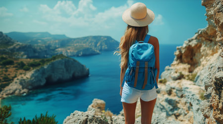 A woman stands on a rocky cliff overlooking a clear turquoise sea. She wears a straw hat and a backpack, taking in the beautiful coastal landscape on a sunny day.の素材