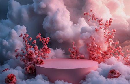 A collection of delicate pink roses rests atop a round pedestal, enveloped by fluffy white clouds in a tranquil pink environment, creating a dreamy atmosphere.の素材
