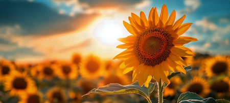 A vast field filled with blooming sunflowers reaches toward a clear blue sky. The sun shines brightly, creating a warm, inviting atmosphere in the summer afternoon.の素材