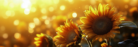Sunflowers display vibrant yellow petals under warm sunlight in a field. The scene captures the beauty of nature on a sunny day, with bokeh effects adding magic.の素材