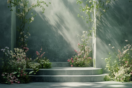 This tranquil indoor space features a circular podium surrounded by various colorful flowers and lush green foliage, illuminated by soft, natural light filtering through a window.の素材