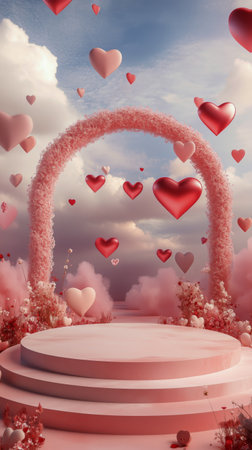 A beautiful archway adorned with pink flowers and surrounded by floating hearts creates a romantic atmosphere. Soft clouds and pastel colors enhance the enchanting scene.の素材