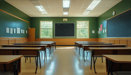 Empty classroom featuring neatly arranged desks and large windows. Natural light streams in, creating a warm atmosphere. Walls display charts and educational materials.の素材