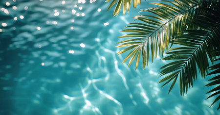 Sunlight glimmers on clear turquoise water while palm leaves gently sway above, creating a tranquil atmosphere in a tropical paradise during a sunny day.の素材