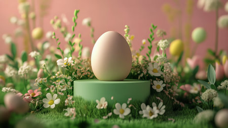 A soft pastel green backdrop features a single egg resting on a pedestal, surrounded by blooming daisies and delicate flowers, evoking a tranquil spring atmosphere.の素材