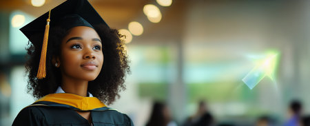 A proud graduate poses confidently in her cap and gown, showcasing her academic achievement at a university graduation ceremony indoors, with vibrant decorations in the background.の素材