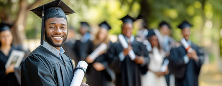 A proud graduate smiles while holding a diploma on graduation day.の素材