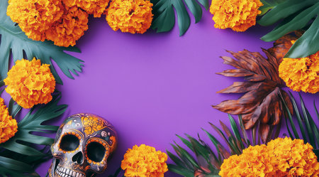Two sugar skulls are surrounded by vibrant orange marigold flowers against a purple background, celebrating a rich cultural tradition. The arrangement reflects a festive mood.の素材