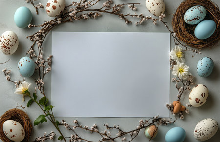 A beautiful arrangement of colorful easter eggs, surrounded by greens and flowers, creates a festive and inviting atmosphere for spring celebrations.の素材