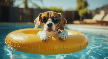 A beagle rests comfortably on an orange inflatable ring in a swimming pool. The sun shines brightly as the dog wears stylish sunglasses, enjoying the summer day.の素材